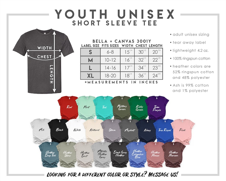 Puede incluir: Una tabla de tallas de camiseta unisex para j&oacute;venes con una camiseta gris oscuro, flechas de ancho y largo, una tabla de medidas Bella + Canvas 3001Y en pulgadas, detalles del producto y una paleta de veintitr&eacute;s camisetas de colores.
