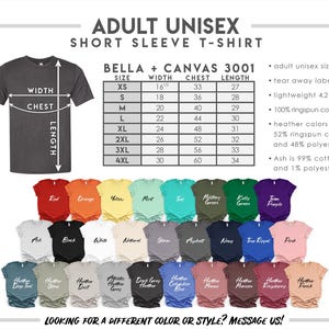Puede incluir: Una tabla de tallas para camiseta unisex de manga corta Bella + Canvas 3001 con un diagrama que muestra las medidas de ancho, pecho y largo en pulgadas. Debajo de la tabla hay treinta y dos camisetas dobladas en varios colores.