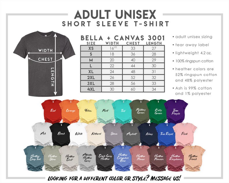 Puede incluir: Una tabla de tallas para camiseta unisex de manga corta Bella + Canvas 3001 con un diagrama que muestra las medidas de ancho, pecho y largo en pulgadas. Debajo de la tabla hay treinta y dos camisetas dobladas en varios colores.