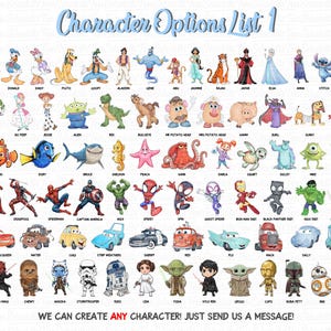 May include: A digital character options chart titled Character Options List 1, featuring rows of colorful, illustrated cartoon and movie characters with their names printed below each, ending with the text WE CAN CREATE ANY CHARACTER! JUST SEND US A MESSAGE!
