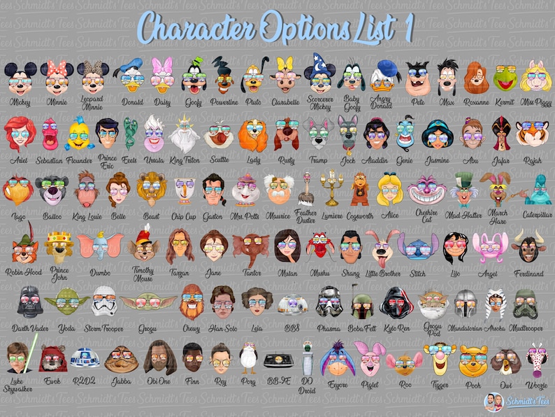 Puede incluir: Una tabla digital titulada Character Options List 1 que muestra filas de cabezas de personajes de dibujos animados ilustrados. Cada personaje lleva gafas de sol de colores. La cuadr&iacute;cula incluye varias figuras ic&oacute;nicas de pel&iacute;culas.