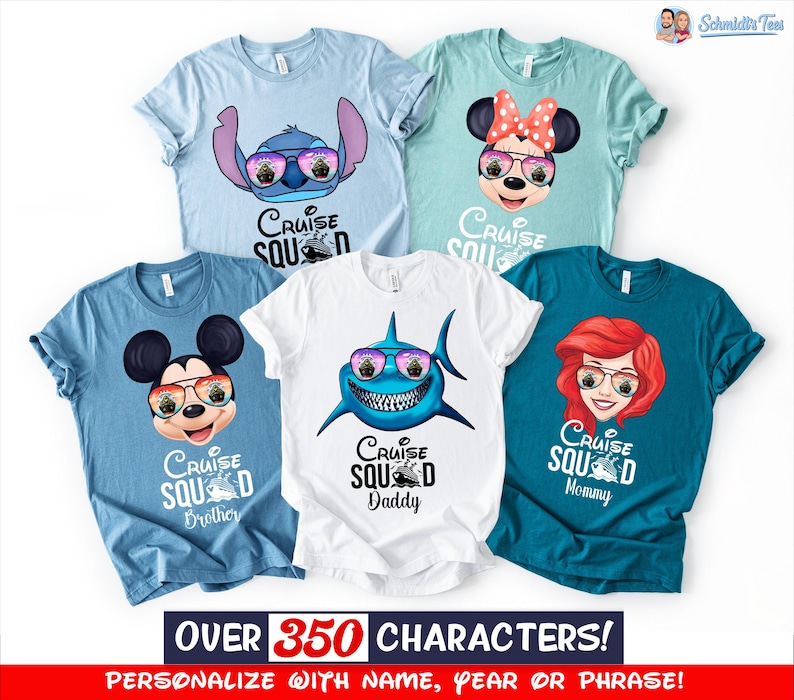 May include: Five short-sleeved t-shirts in light blue, mint green, medium blue, white, and teal. Each shirt features a cartoon character wearing sunglasses with a cruise ship reflection and the text Cruise Squad, including Stitch, Minnie Mouse, Mickey Mouse, a shark, and Ariel.