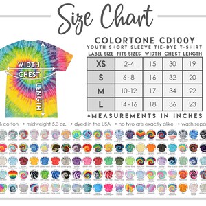 Peut inclure: Tableau des tailles pour t-shirts tie-dye &agrave; manches courtes pour enfants. Le tableau indique la taille de l'&eacute;tiquette, les tailles correspondantes, la largeur, la poitrine et la longueur en pouces. Le tableau est pour les t-shirts ColorTone CD100Y.