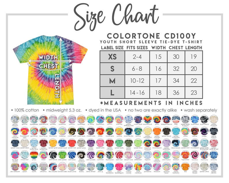 Peut inclure: Tableau des tailles pour t-shirts tie-dye &agrave; manches courtes pour enfants. Le tableau indique la taille de l'&eacute;tiquette, les tailles correspondantes, la largeur, la poitrine et la longueur en pouces. Le tableau est pour les t-shirts ColorTone CD100Y.