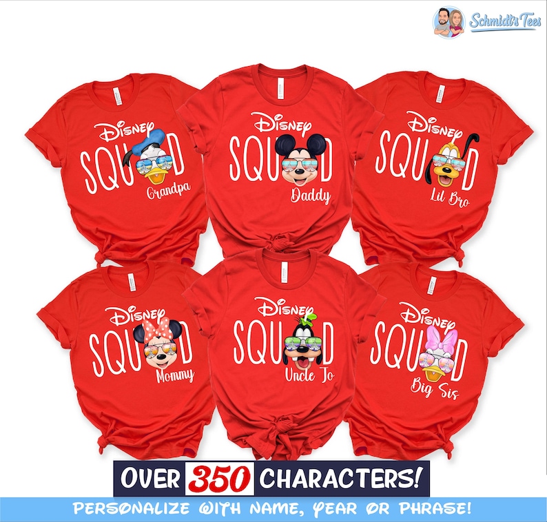 May include: Red t-shirts with Disney character graphics and the word "SQUAD". Each shirt features a different character: Donald Duck, Mickey Mouse, Pluto, Minnie Mouse, Goofy, and Daisy Duck. Text on the shirts includes "Grandpa", "Daddy", "Lil Bro", "Mommy", "Uncle Jo", and "Big Sis".