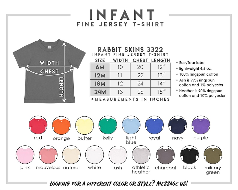 Puede incluir: Una tabla de tallas para camiseta de jersey fino para beb&eacute; Rabbit Skins 3322, con una ilustraci&oacute;n de camiseta gris, una tabla de medidas en pulgadas para tallas de 6M a 24M y una paleta de diecis&eacute;is colores disponibles con sus nombres.