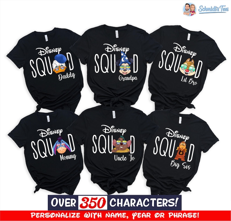 May include: Six black t-shirts with the text "Disney Squad" and various Disney character graphics. Each shirt has a different character and title: Daddy, Grandpa, Lil Bro, Mommy, Uncle Jo, and Big Sis. The bottom banner reads "OVER 350 CHARACTERS!"