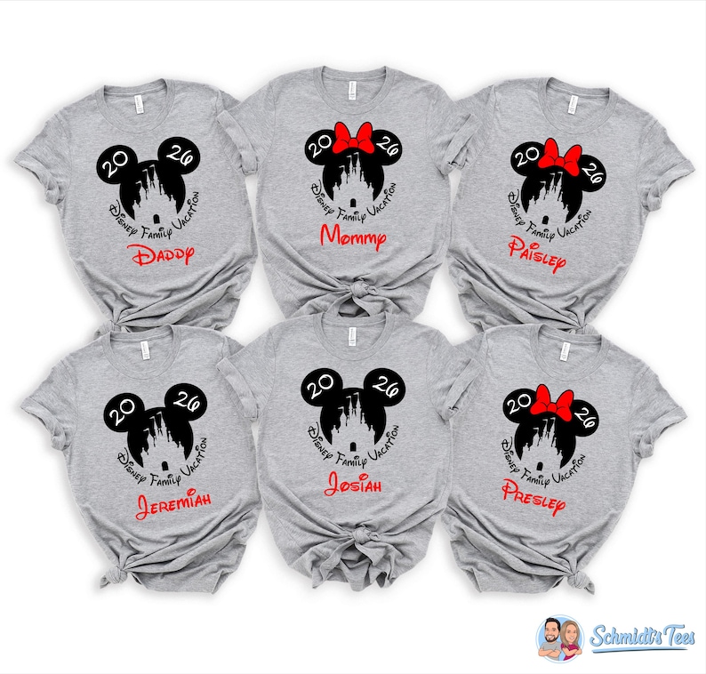 May include: Six gray t-shirts with a Disney Family Vacation design. Each shirt features a Mickey Mouse head with the year "2020" and a castle silhouette. Names "Daddy", "Mommy", "Paisley", "Jeremiah", "Josiah", and "Presley" are printed below.