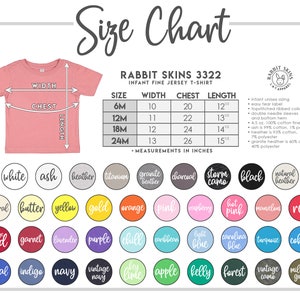 K&ouml;nnte beinhalten: Gr&ouml;&szlig;entabelle f&uuml;r Rabbit Skins 3322 Baby-Feinjersey-T-Shirts. Die Tabelle zeigt Ma&szlig;e in Zoll f&uuml;r die Gr&ouml;&szlig;en 6M bis 24M, einschlie&szlig;lich Breite, Brust und L&auml;nge. Farbauswahl in Kreisen.
