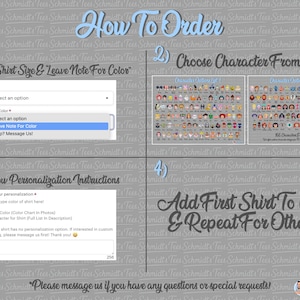 Puede incluir: Una imagen con instrucciones para pedir una camiseta personalizada. Los pasos incluyen seleccionar una talla, elegir un personaje, seguir las instrucciones de personalizaci&oacute;n y a&ntilde;adir la camiseta al carrito. El texto incluye "How To Order" y una solicitud de contacto.