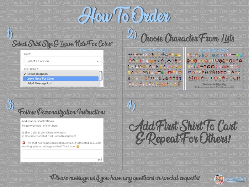 Puede incluir: Una imagen con instrucciones para pedir una camiseta personalizada. Los pasos incluyen seleccionar una talla, elegir un personaje, seguir las instrucciones de personalizaci&oacute;n y a&ntilde;adir la camiseta al carrito. El texto incluye "How To Order" y una solicitud de contacto.