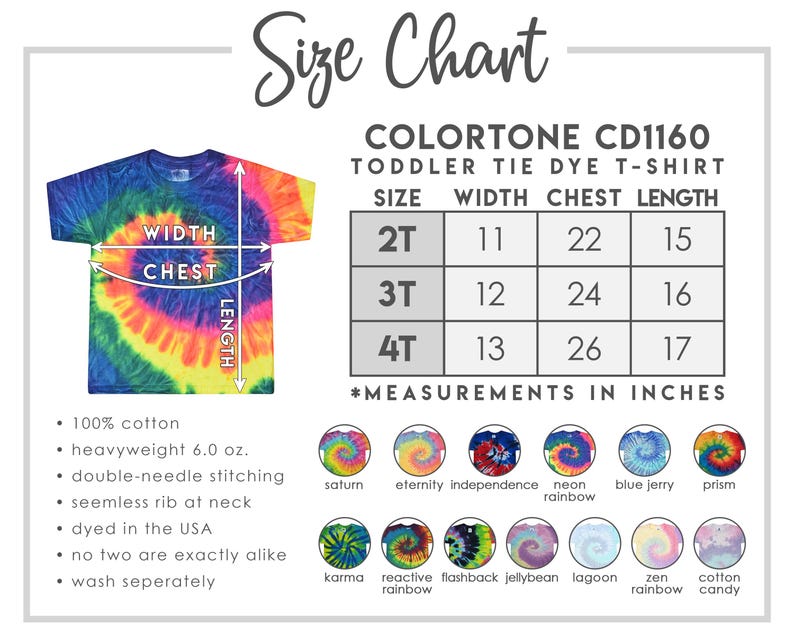 Peut inclure: Tableau des tailles pour t-shirts tie-dye pour tout-petits en tailles 2T, 3T et 4T. Les mesures sont en pouces pour la largeur, la poitrine et la longueur. Le tableau comprend le texte "COLORTONE CD1160 Toddler Tie Dye T-Shirt".