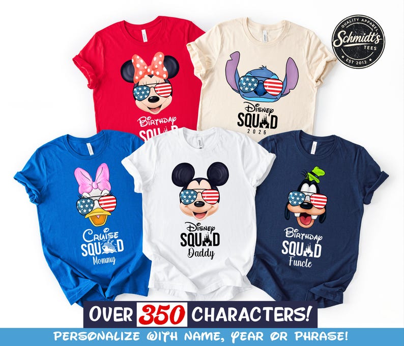 May include: Five colorful t-shirts featuring Disney characters wearing sunglasses with a red, white, and blue design. The shirts include Mickey Mouse, Minnie Mouse, Stitch, Donald Duck, and Goofy. Text on the shirts includes "Disney Squad" and "Birthday Squad".