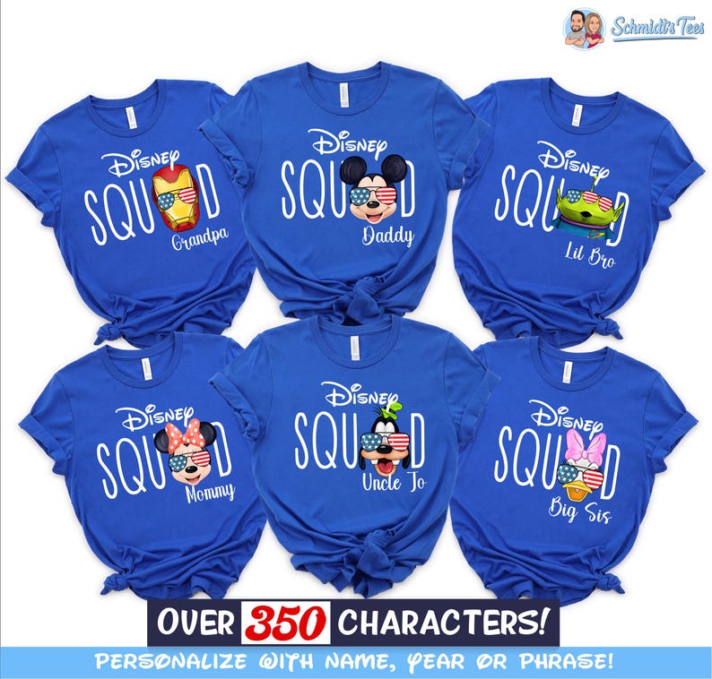 May include: Six blue t-shirts with the text "Disney Squad". Each shirt features a Disney character wearing sunglasses in the style of the American flag. The shirts are labelled "Grandpa", "Daddy", "Lil Bro", "Mommy", "Uncle Jo", and "Big Sis".