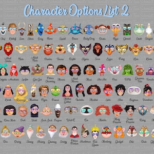 Puede incluir: Una tabla digital titulada Character Options List 2 que muestra filas de cabezas de personajes de dibujos animados ilustradas. Cada personaje lleva gafas de sol de colores. Los nombres est&aacute;n impresos en cursiva debajo de cada icono.