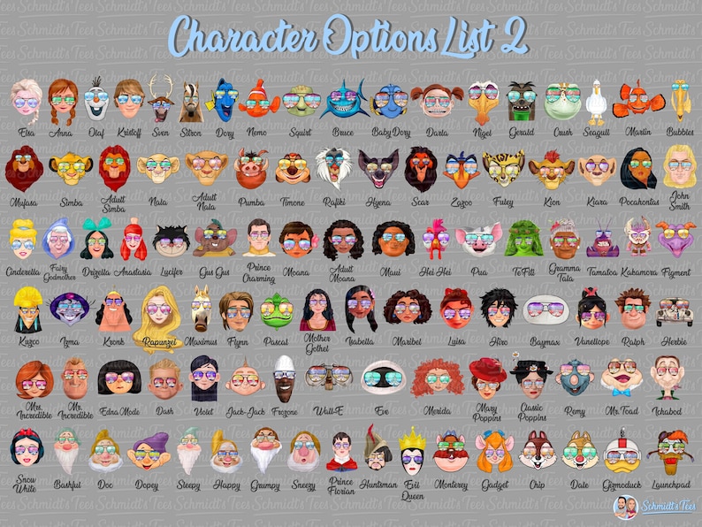 Puede incluir: Una tabla digital titulada Character Options List 2 que muestra filas de cabezas de personajes de dibujos animados ilustradas. Cada personaje lleva gafas de sol de colores. Los nombres est&aacute;n impresos en cursiva debajo de cada icono.