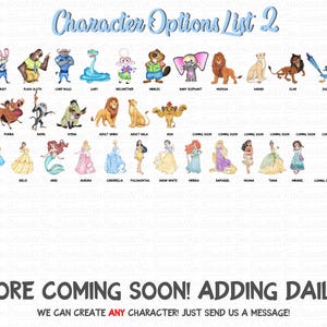 May include: A list of character options, including Nick, Judy, Flash, Chief Bogo, Gary, Bellwether, Nibbles, Baby Elephant, Mufasa, Sarabi, Scar, Zazu, and Kid Simba. Also includes Disney princesses and the text "More coming soon! Adding daily!"