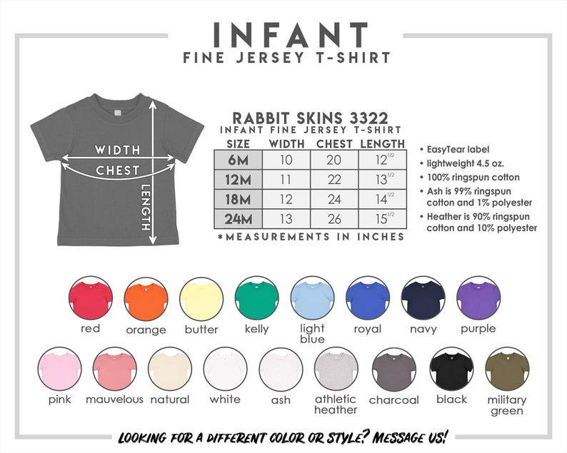 May include: A Rabbit Skins 3322 infant fine jersey t-shirt size chart featuring a gray t-shirt illustration, a measurement table in inches for sizes 6M to 24M, and a color palette showing sixteen available shirt colors with their names.