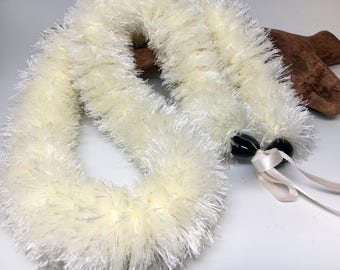 White Feathered Yarn Lei with Black Kukui Nut - Graduation, Handmade, Birthday, Wedding