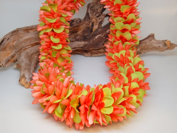 Satin Coral Ribbon Flowers With Green Silk Flower Plumeria Lei Birthday Wedding Celebration Graduation - 