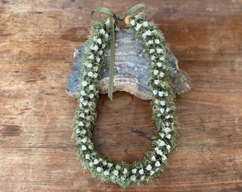 Sage Green Yarn Lei with White Jasmine Crochet Flowers with Wood Bead Ends - Birthday, Graduation, Baby Shower, Celebration, Graduate