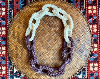 Large Chain Link Cream and Mixed Burgundy Crochet Necklace - Handmade, Urban, Trendy, Earth Tone, Boho