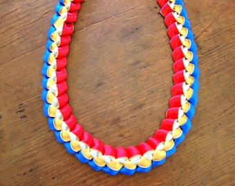 Cultural Blue, Gold, Ivory, and Red Woven Ribbon Lei - Philippines, Filipino, Filipina, Philippino, Graduate, Graduation