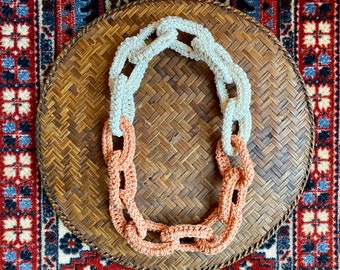 Large Chain Link Ivory Cream and Blended Orange Crochet Necklace - Handmade, Urban, Trendy, Earth Tone, Boho, Scarf