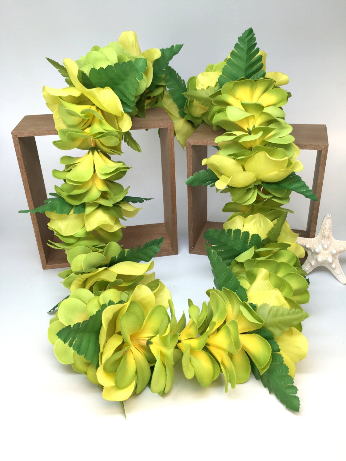 Green and Yellow Silk Plumeria Flower Lei with Fern Etsy