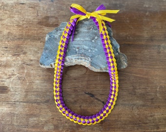 Light Yellow Gold and Purple Woven Graduation Ribbon Lei - High School, College, Colors, Graduation, Birthday, Graduate