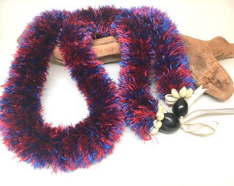 Red and Blue with Silver Sparkle Feathered Yarn Lei with Shells and Black Kukui Nut - Graduation, Handmade, Birthday, Wedding