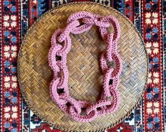 Large Chain Link Rose Pink Crochet Necklace - Handmade, Urban, Trendy, Earth Tone, Boho