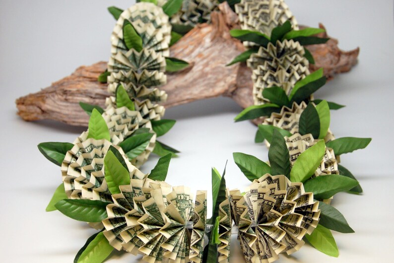 60 One Dollar Bills Money Lei With Silk Leaves Etsy - image 0