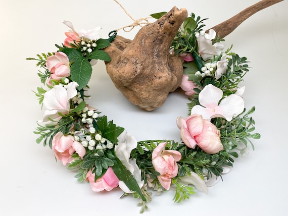 Pink Rose and White Hydrangea Flower Crown Haku Lei - Graduation