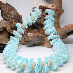 Blue and Ivory Satin Ribbon Spiral Lei Design with Kukui Nut - Graduation, Birthday, Celebration