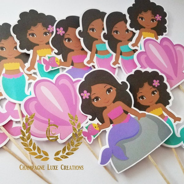 Black Mermaid Cupcake Toppers, Under The Sea Party (Set of 12)
