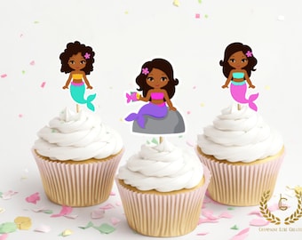 African American Mermaid, Mermaid Cupcake Toppers , Black Mermaid, Mermaid Toppers, Mermaid Birthday, Mermaid Cake Topper,  Mermaid Decor