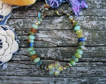 Bracelet, AAA Natural Chrysocolla Gemstone Beads, Czech Picasso Beads, Handmade, Bohemian, Rustic