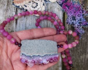 Necklace, Quartz Stone Pendant, Jade Beads, Handmade, Gift for Her, Boho Necklace, Bohemian