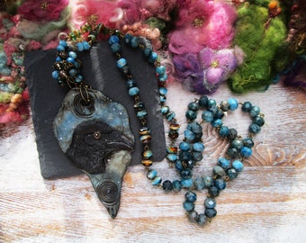 Necklace, Porcelain Amulet, Raven, Handmade, Rustic, Starry Night, Magical