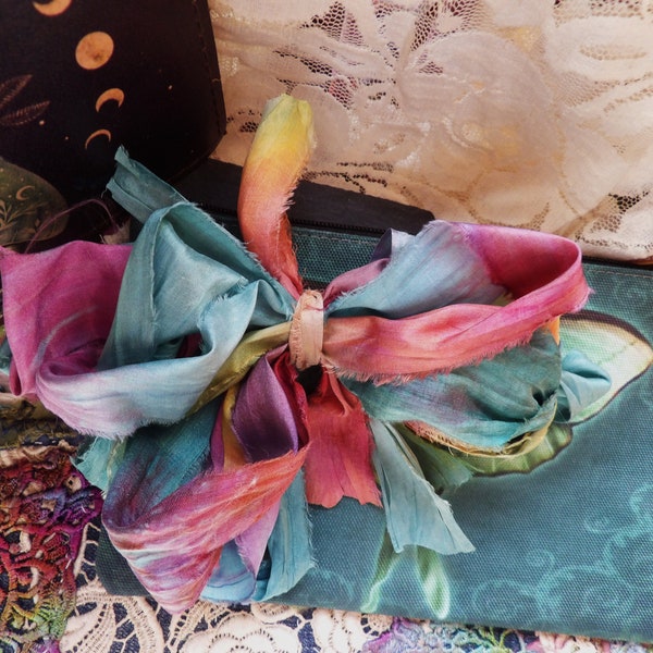Ribbon, Precut, Set of 5, Hand Dyed, Recycled Sari Silk Ribbon, Craft Supplies, Shabby Chic