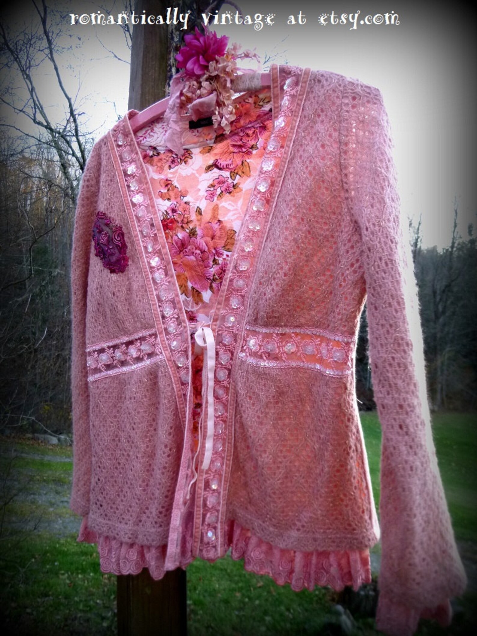 Sweater Pink Cardigan Embellished Handmade Boutique Etsy
