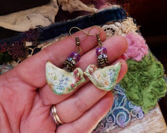 Earrings, Handmade, Shabby Chic, Birds, Floral, Gift Idea