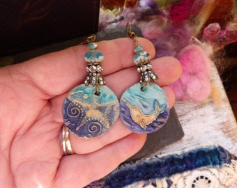 Earrings, Dolphin, Starfish, Rustic, Ocean Jewelry, One of a Kind, Handmade