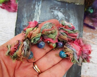 Beads, Set of 5, Hand Dyed, Ribbons, Beaded Charms, Handmade, Bohemian, Craft Supplies, Sari Silk Ribbons DIY