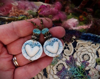 Earrings, Gorgeous Blues, Heart, Handmade, One of a Kind