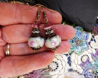 Earrings, Floral, Lamp Work Beads, Handmade, One of a Kind