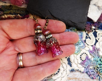 Earrings, Handmade, Lamp Work Beads, Dark Pink, Gift Idea for Her