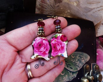 Earrings, Handmade, Dark Pink, Gift for Her, Roses