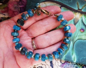 Bracelet, Gemstone Blue Apatite Beads, Rustic, Handmade
